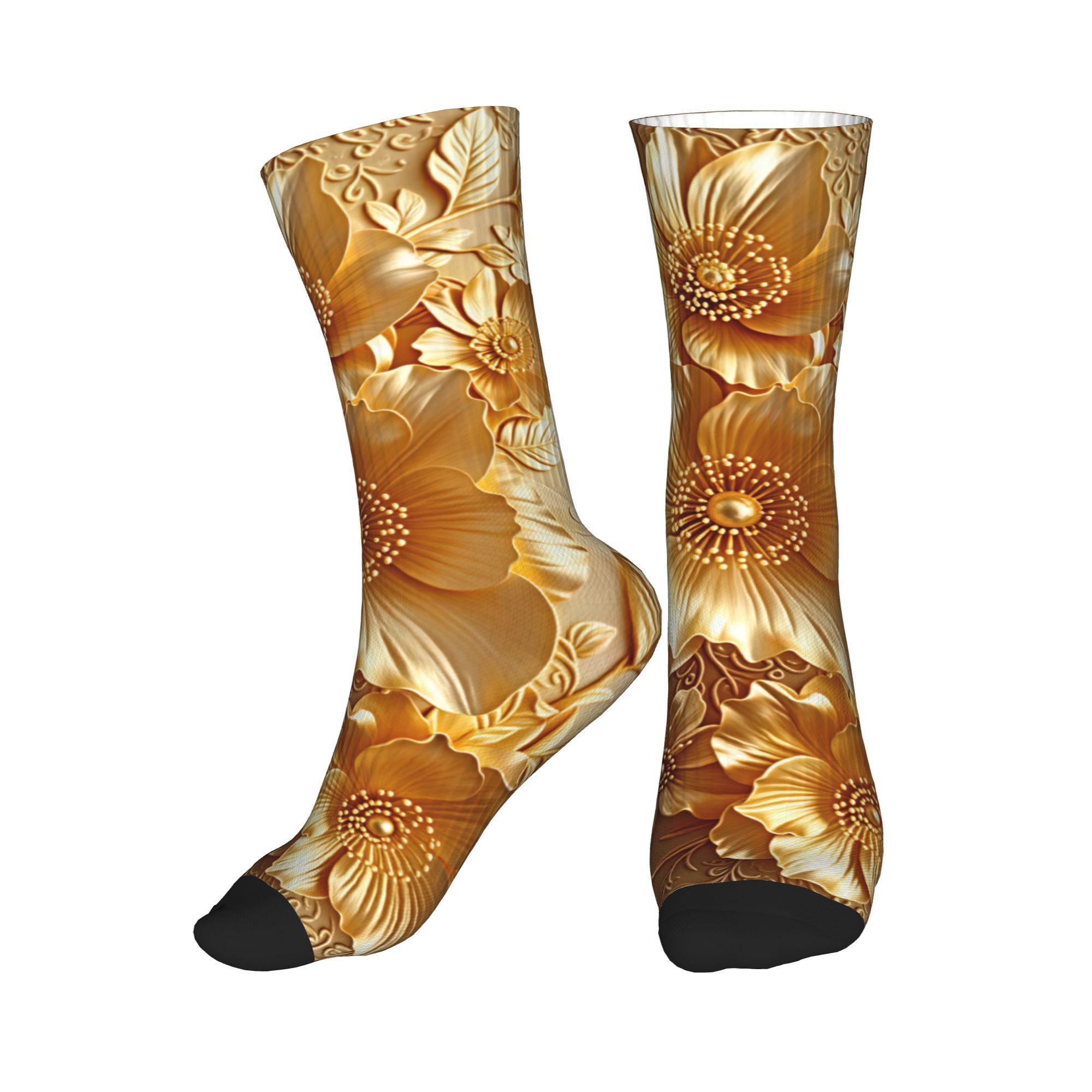 Dress Sock Men - 3D Embossed Golden Floral Seamless Print